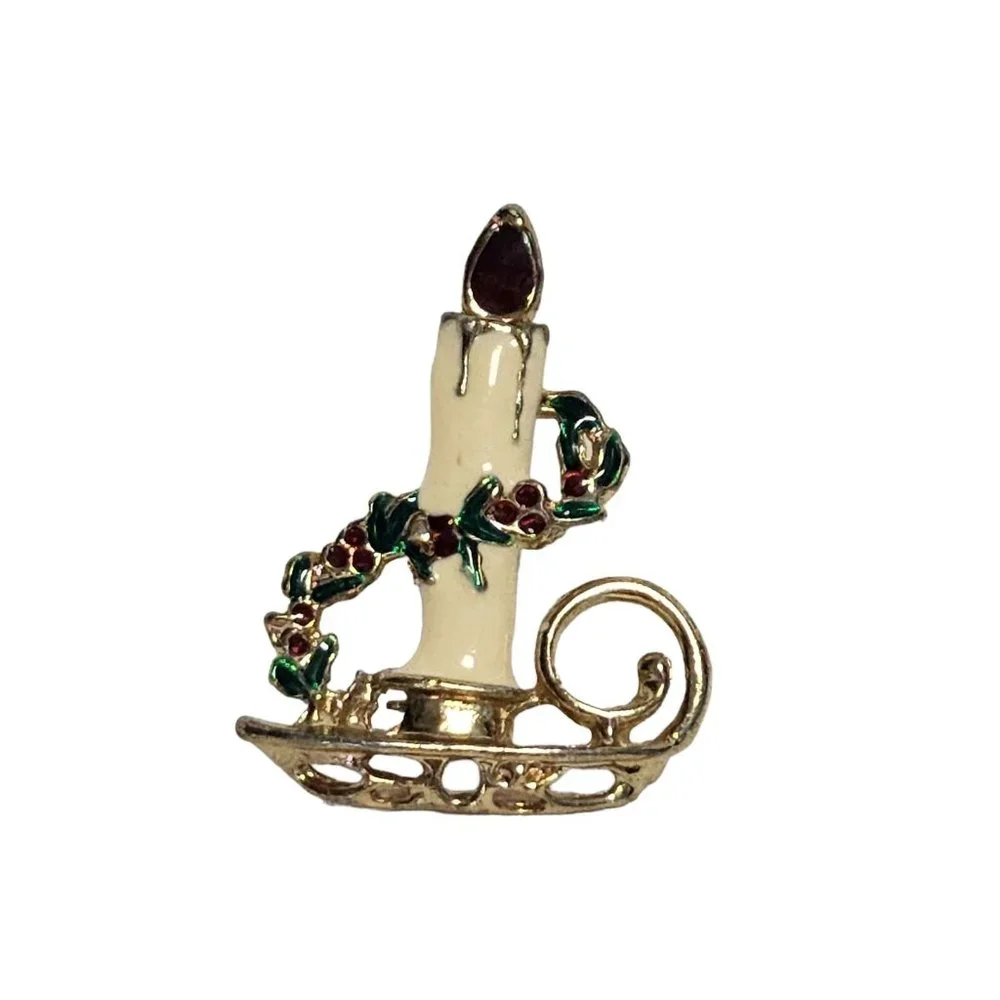 Vintage Holiday Christmas Enamel Candle white Green Red Pin‎ Brooch
